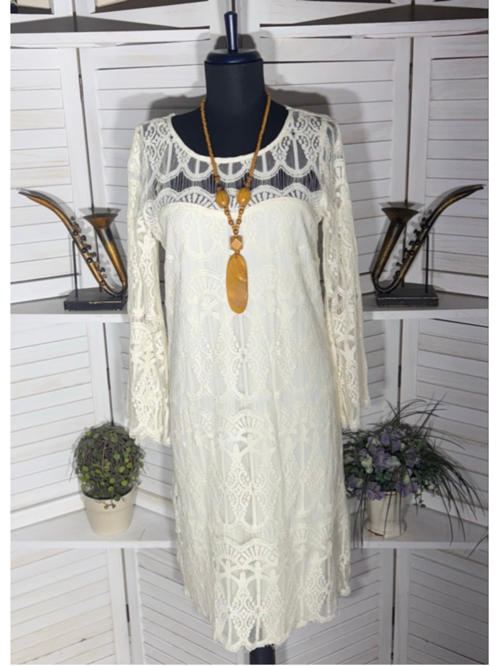 Tacera white lace victorian boho dress elegant long bell sleeves cream romance S